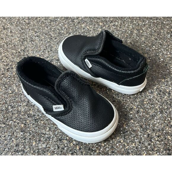 Vans Classic Little Kids Toddler Sz 6 Black Leather Sneaker Shoe Snap On Low Top - Picture 1 of 10